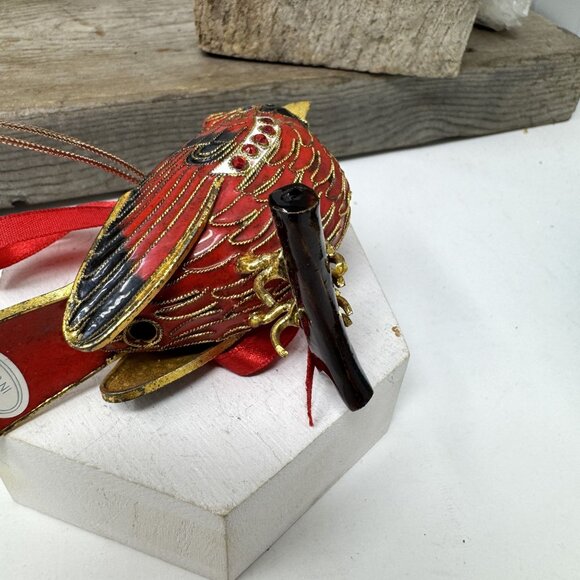 Vintage Red  Cloisonné Enamel Jeweled Cardinal Ornament Gold Trim - Picture 8 of 8